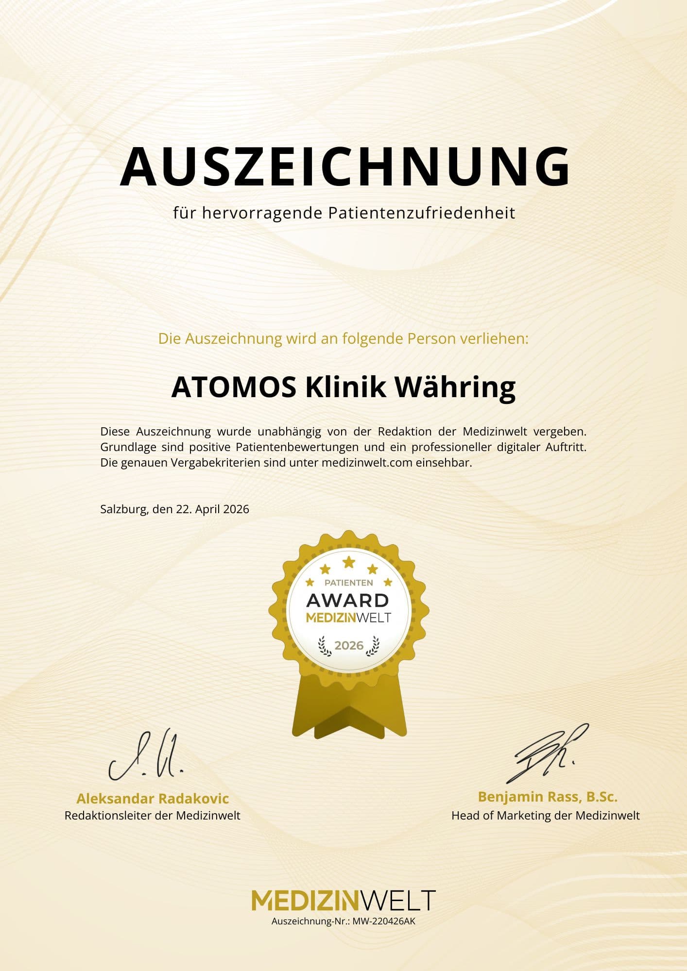 Medizinwelt Award Auszeichnung der ATOMOS Klinik Währing